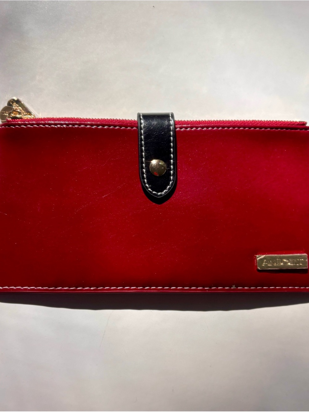 Andoilt Red Leather Zip Wallet with Black Tab - Designer Plaque